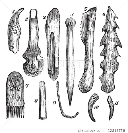 Bone implements, flint and wood, found in Moosseedorf vintage en Bone implements, flint and wood, found in Moosseedorf vintage en 12813756