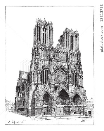 Cathedral of Reims, France, vintage engraving. Cathedral of Reims, France, vintage engraving. 12813758