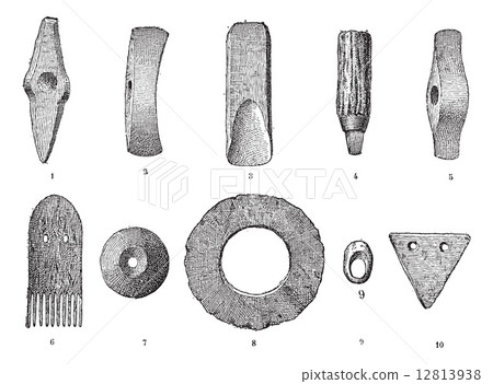 Age lake, various objects from lake stations, vintage engraving. 12813938