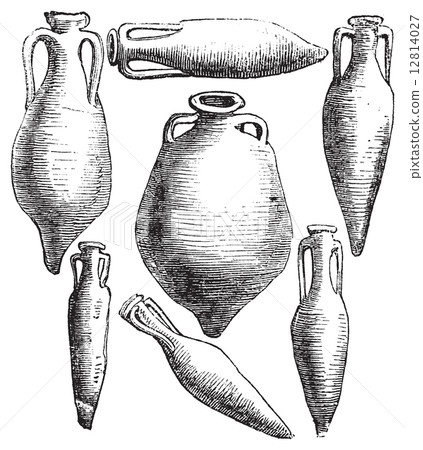 Greek and Roman amphora vases vintage engraving. 12814027