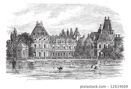 Fontainebleau Palace in Paris, France, vintage engraving 12814089