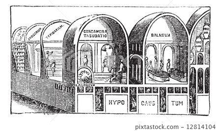 Baths of Titus in Rome, Italy vintage engraving. Baths of Titus in Rome, Italy vintage engraving. 12814104