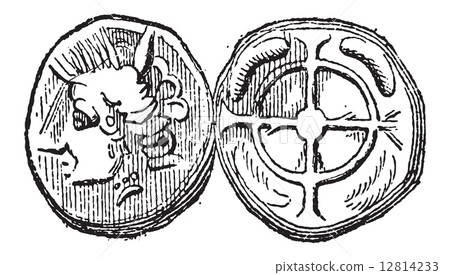 Ancient Celtic Drachma Coin, vintage engraving 12814233