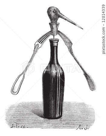 Fig 1. Revolving forks magic trick, vintage engraving. 12814339