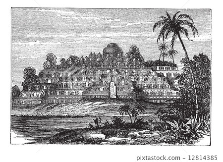 Borobudur or Barabudur in Central Java Indonesia vintage engrav 12814385