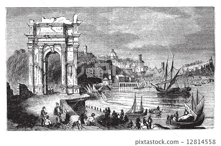 Ancona and the Arches of Trajan, Italy. Scene from 1890, old vin Ancona and the Arches of Trajan, Italy. Scene from 1890, old vin 12814558
