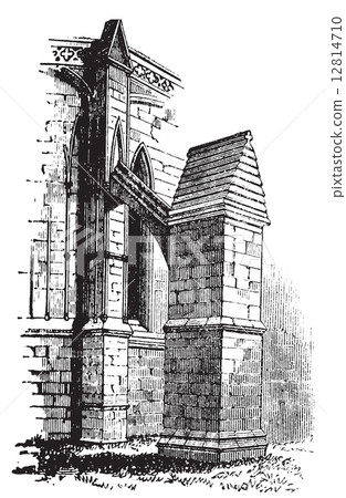 Buttress arch of Lincoln Cathedral chapter, England. Old engravi 12814710