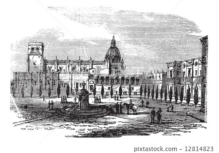 Historic cathedral building at Guadalajara, Mexico vintage engra 12814823