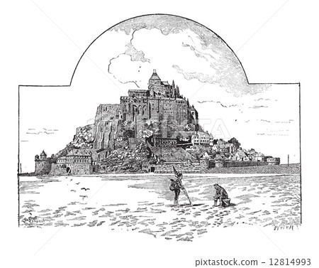 Saint Michael's Mount, in Normandy, France, vintage engraving 12814993