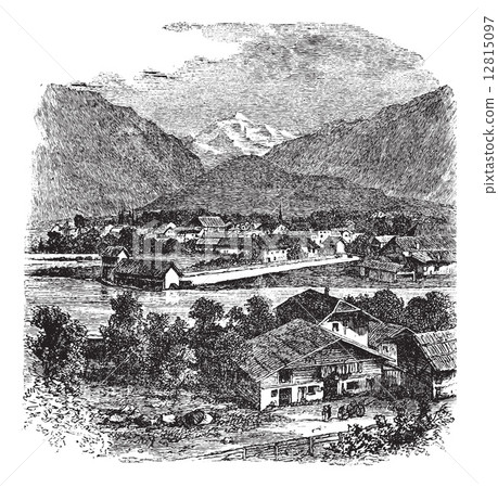 Interlaken and Jungfrau Switzerland vintage engraving 12815097