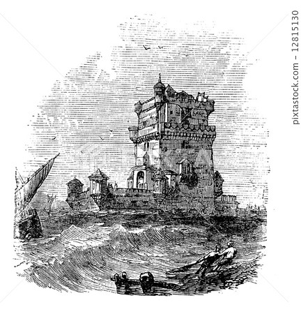 Belem Tower, in Lisbon, Portugal, during the 1890s, vintage engr Belem Tower, in Lisbon, Portugal, during the 1890s, vintage engr 12815130