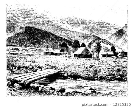 Huts of the Village of Zakopane in Tatra, Poland, vintage engrav 12815330