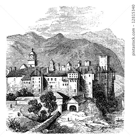 Mount Athos or The Holy Mountain, Macedonia, Greece. Vintage eng 12815340