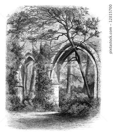 Cloister of the Abbey of Vaux Cernay, France vintage engraving. Cloister of the Abbey of Vaux Cernay, France vintage engraving. 12815700