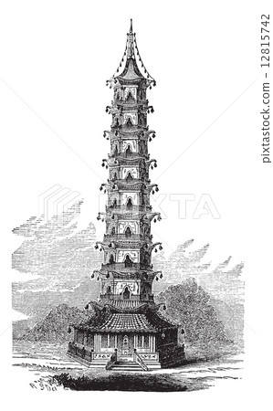 Porcelain Tower of Nanjing, in China, vintage engraved illustrat Porcelain Tower of Nanjing, in China, vintage engraved illustrat 12815742