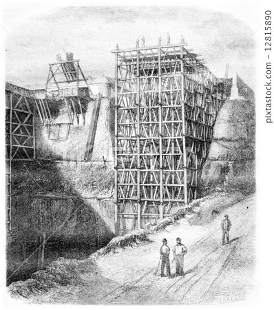 Slate quarries of Angers. Craft under construction, vintage engr Slate quarries of Angers. Craft under construction, vintage engr 12815890