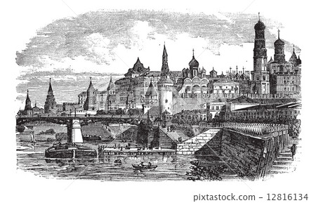 The Moscow Kremlin and river,Russia vintage engraving 12816134