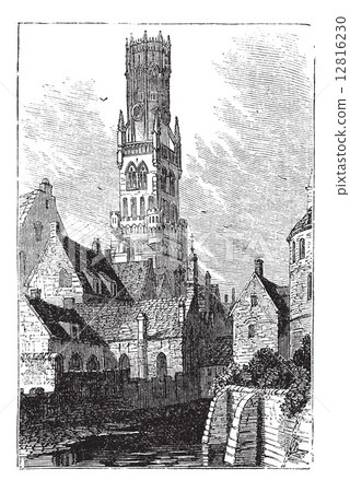 Belfry of Bruges, or Bellfort, Bruges, Belgium. Vintage engravin 12816230