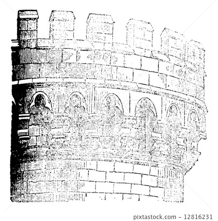 Machicolation Castle Mehun, vintage engraving. 12816231