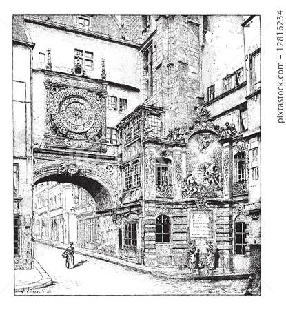 Rouen, the big clock, Normandy, France, vintage engraving. 12816234