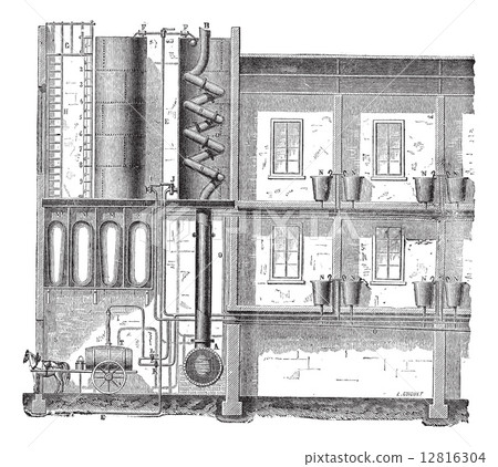 The installation of a public bath diagram vintage engraving 12816304