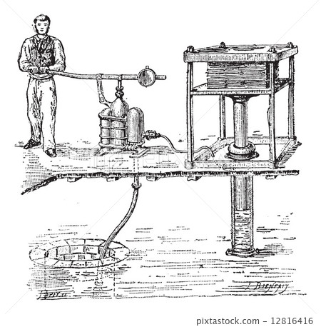Hydraulic press or Bramah press vintage engraving 12816416