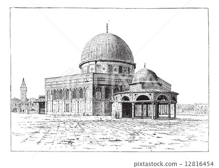 Mosque of Omar, Jerusalem, vintage engraving. 12816454