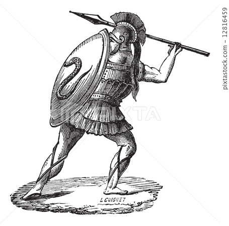 The Greek soldier with his armor vintage engraving 12816459