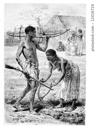 Man and Woman from Bie in Angola, Southern Africa, vintage engra 12816729