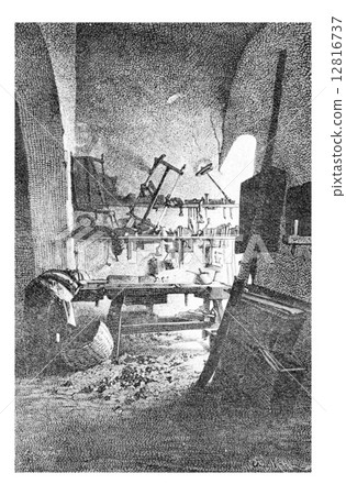 Carpenter's Workshop in Nazareth in Israel, vintage engraving 12816737