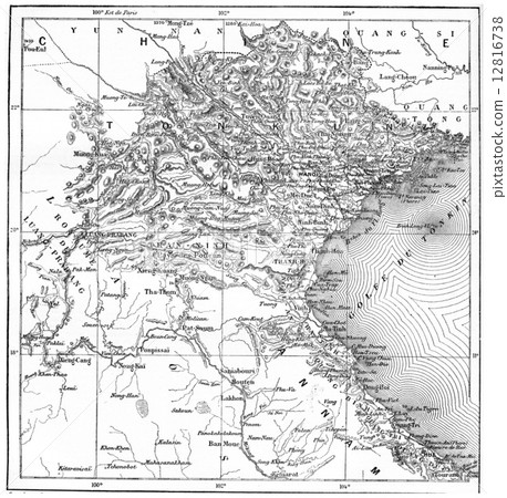 Map of Tonkin or Tongkin, vintage engraving. 12816738
