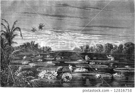 Nuria lake view, vintage engraving. 12816758