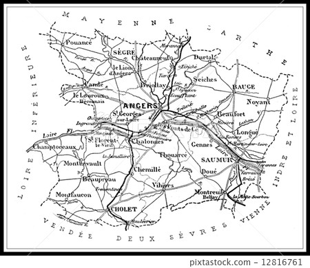 Map of the department of Maine-et-Loire, vintage engraving. 12816761