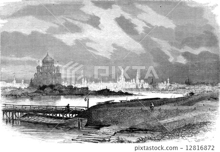 Overview of Moscow, taken from the Crimean Ford, vintage engravi Overview of Moscow, taken from the Crimean Ford, vintage engravi 12816872
