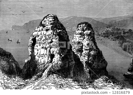 Cape Antifer at Etretat, vintage engraving. 12816879