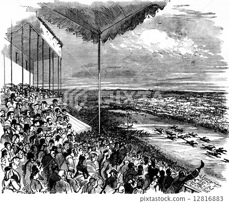 The large stand during a race, vintage engraving. 12816883