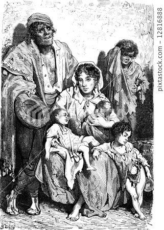 A family of beggars in Jaen, vintage engraving. 12816888