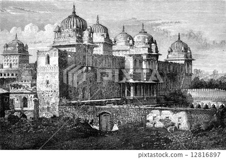 The Raj Mahal (Royal Palace) in Orchha, vintage engraving. The Raj Mahal (Royal Palace) in Orchha, vintage engraving. 12816897