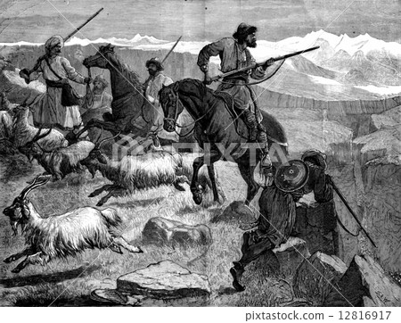 Afghanistan. A skirmish in the past of Khyber, vintage engraving Afghanistan. A skirmish in the past of Khyber, vintage engraving 12816917