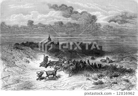 Grajal, near Sahagun (Leon province), vintage engraving. 12816962