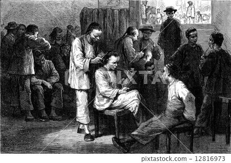 Chinese barbers. Customers standing waiting for their number, vi Chinese barbers. Customers standing waiting for their number, vi 12816973