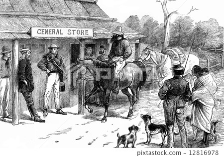 Settlers Queensland. Store tasting, vintage engraving. 12816978