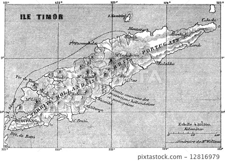 Map of Timor island, vintage engraving. Map of Timor island, vintage engraving. 12816979