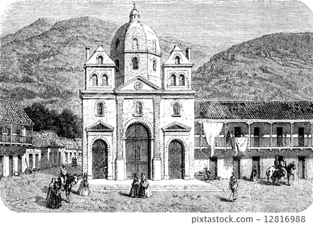 Cathedral of Medellin, vintage engraving. 12816988