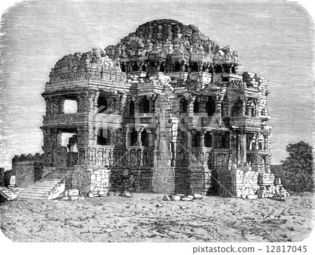 Jain temple of Adinath, Gwalior, vintage engraving. 12817045