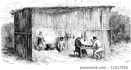 Kitchen and dining room of the mission of Tierra Blanca, vintage 12817056