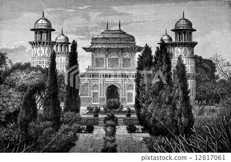 Mausoleum I'timad-ud-Daulah, in Agra, vintage engraving. 12817061