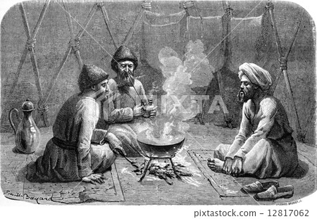 Turkmen inside the tent, vintage engraving. 12817062