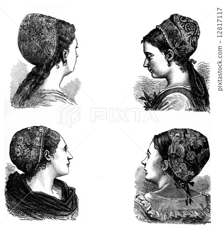 Folk Art in Alsace. Caps embroidered Alsatian, vintage engraving 12817117