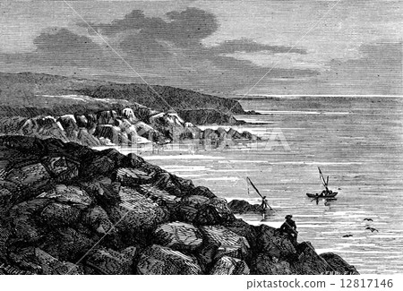 The town of Batz. The rocks, vintage engraving. 12817146